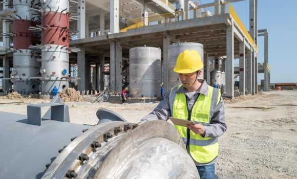 An Asian male worker was carrying a tablet computer to test equipment in the factory